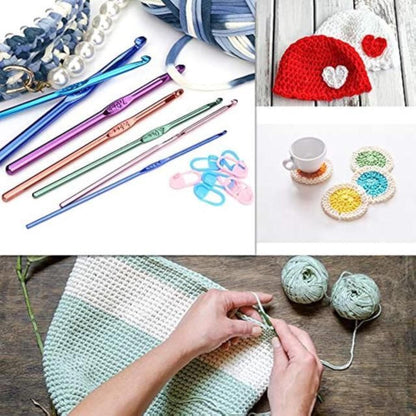 Crochet project examples collage with coloured hooks, yarn, handmade coasters and hands stitching a striped piece.