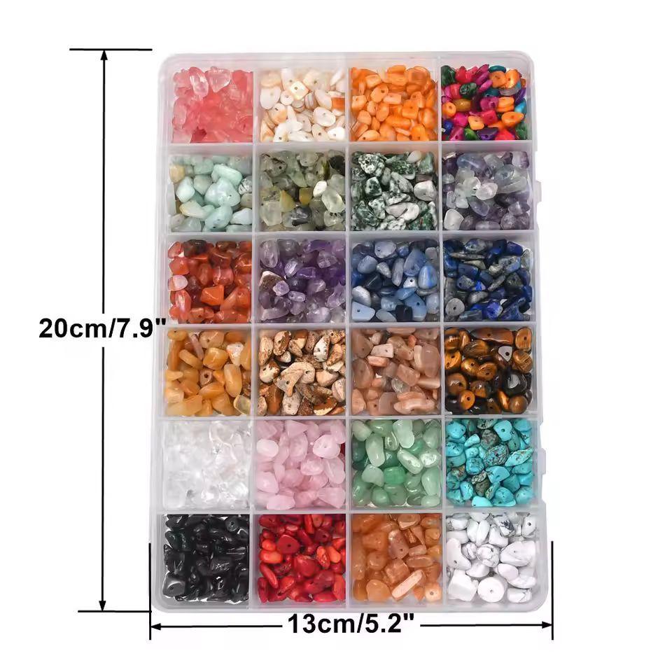 24 Colour Gemstone Chip Beads Kit - Jewellery Making Set with Findings & Tools