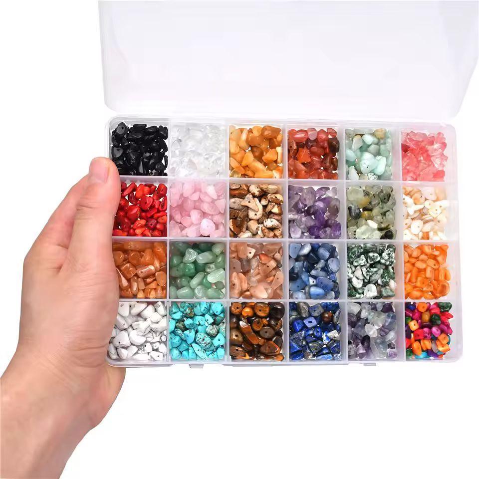 24 Colour Gemstone Chip Beads Kit - Jewellery Making Set with Findings & Tools