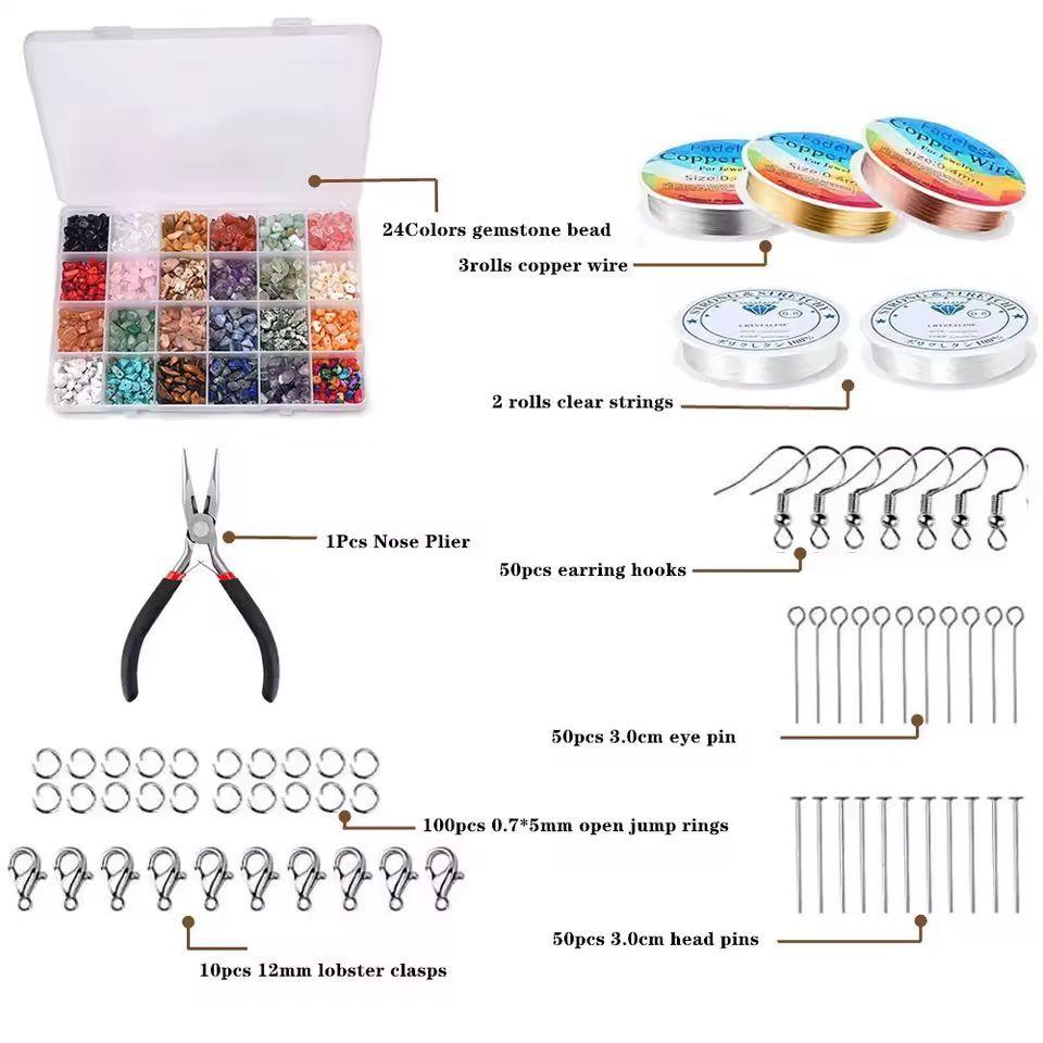 24 Colour Gemstone Chip Beads Kit - Jewellery Making Set with Findings & Tools