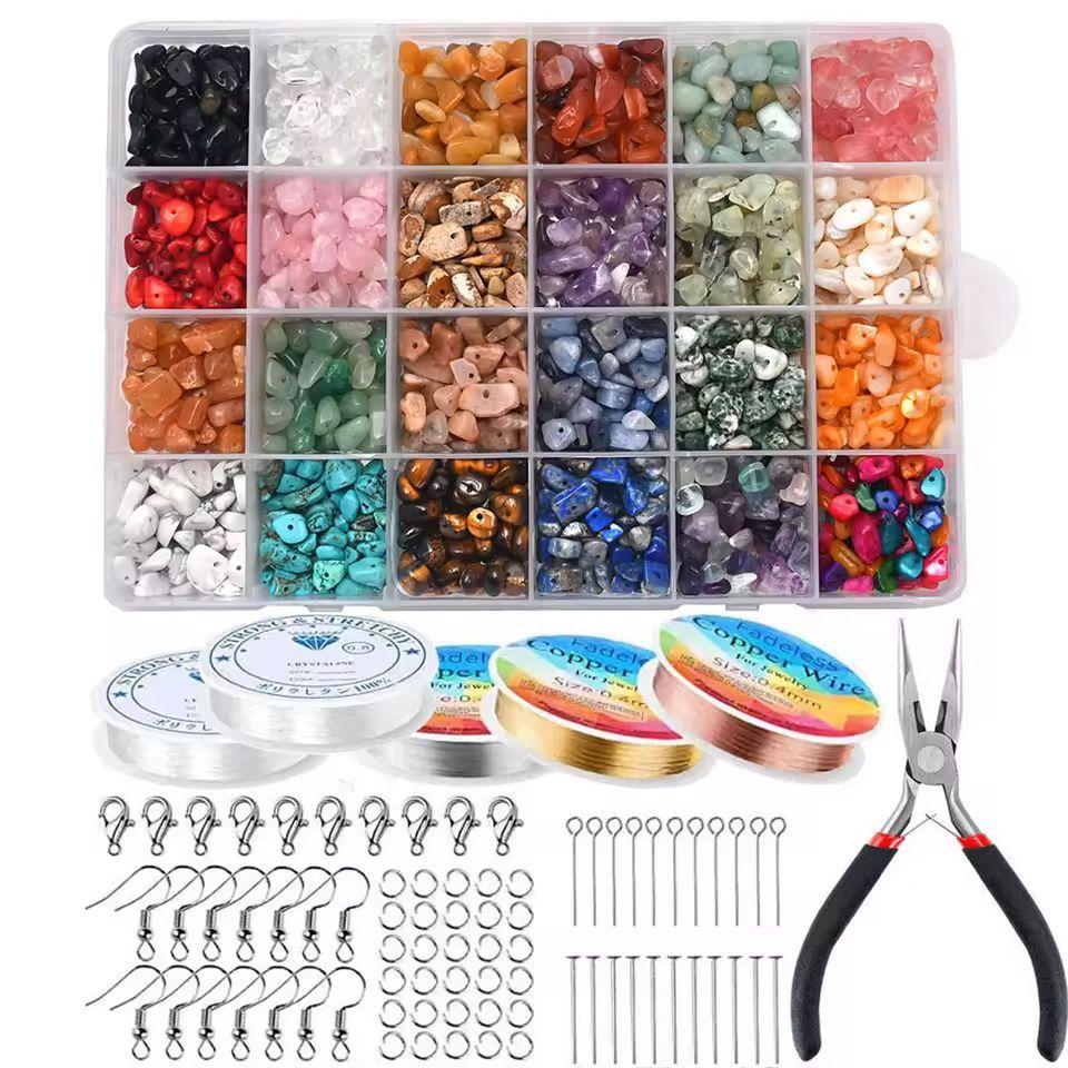 24 Colour Gemstone Chip Beads Kit - Jewellery Making Set with Findings & Tools