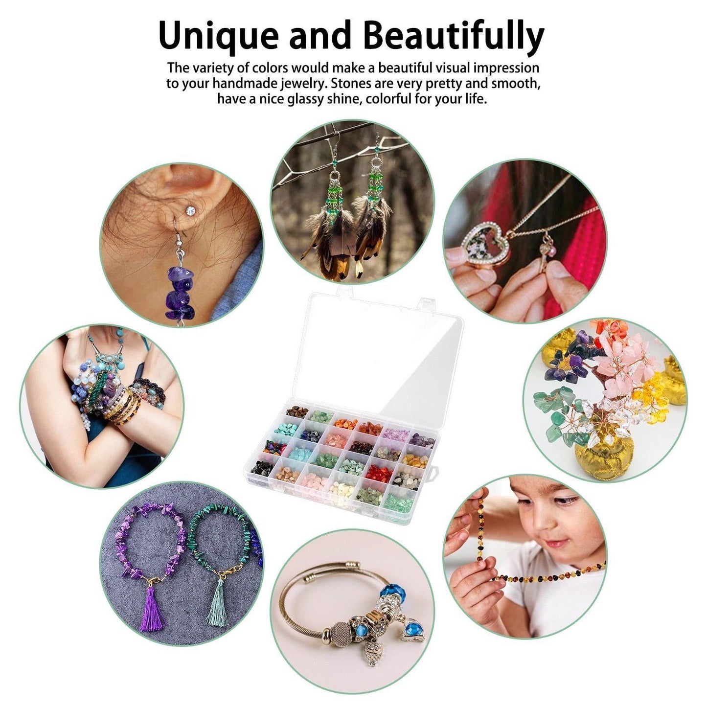 24 Colour Gemstone Chip Beads Kit - Jewellery Making Set with Findings & Tools