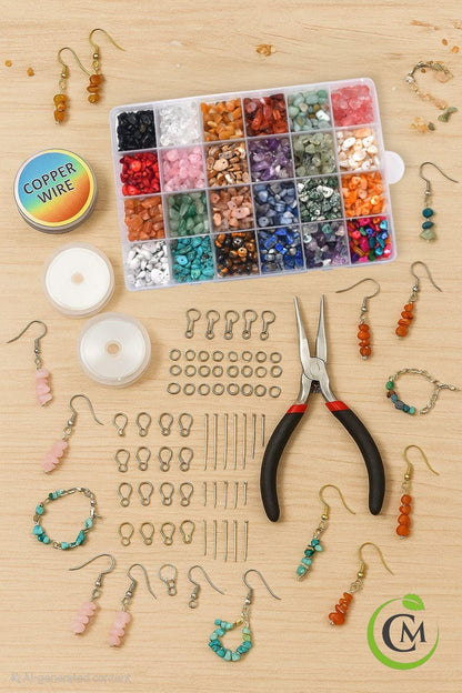 24 Colour Gemstone Chip Beads Kit - Jewellery Making Set with Findings & Tools