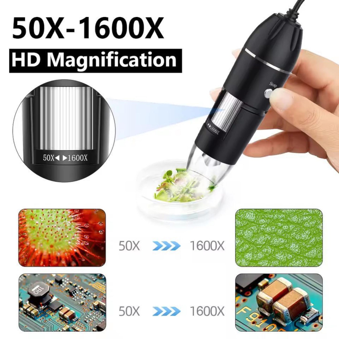 1600X USB Digital Microscope Camera with Stand | Portable Electronic Magnifier for Soldering, Crafts, Coins, PC Mac Android