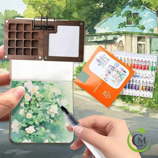 Mini Travel Watercolor Palette – 15 Grid Wooden Paint Box with Brush, Sketchbook & Clip | Portable Pocket Art Set for Artists