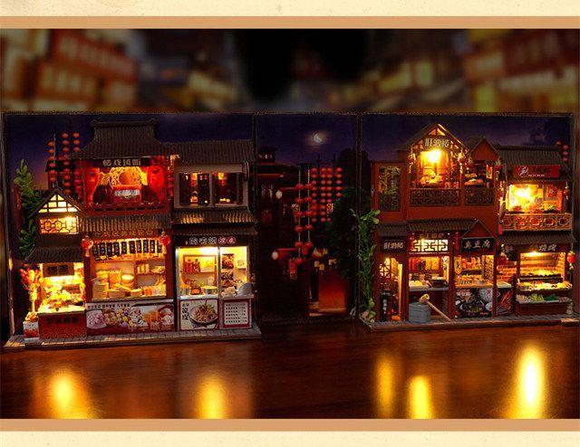 Retro Chinese Food Street DIY Wooden Book Nook Kit | Miniature Bookshelf Insert & Handmade Home Décor
