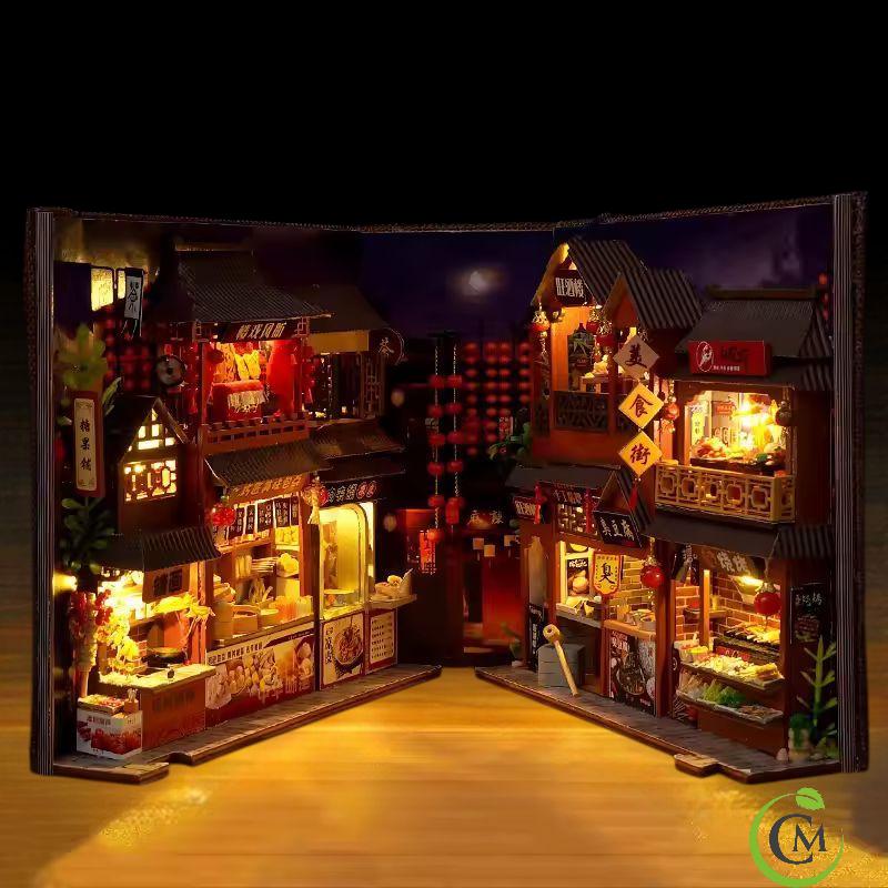 Retro Chinese Food Street DIY Wooden Book Nook Kit | Miniature Bookshelf Insert & Handmade Home Décor