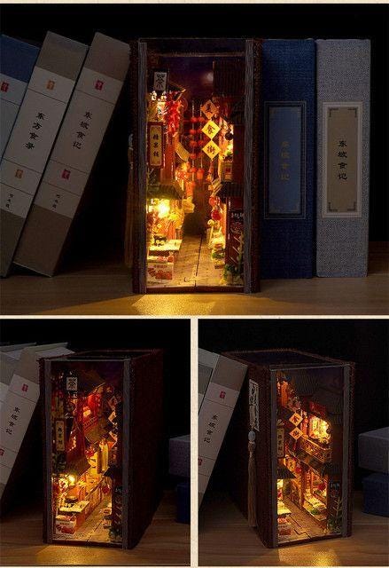Retro Chinese Food Street DIY Wooden Book Nook Kit | Miniature Bookshelf Insert & Handmade Home Décor