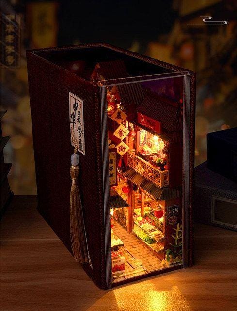 Retro Chinese Food Street DIY Wooden Book Nook Kit | Miniature Bookshelf Insert & Handmade Home Décor
