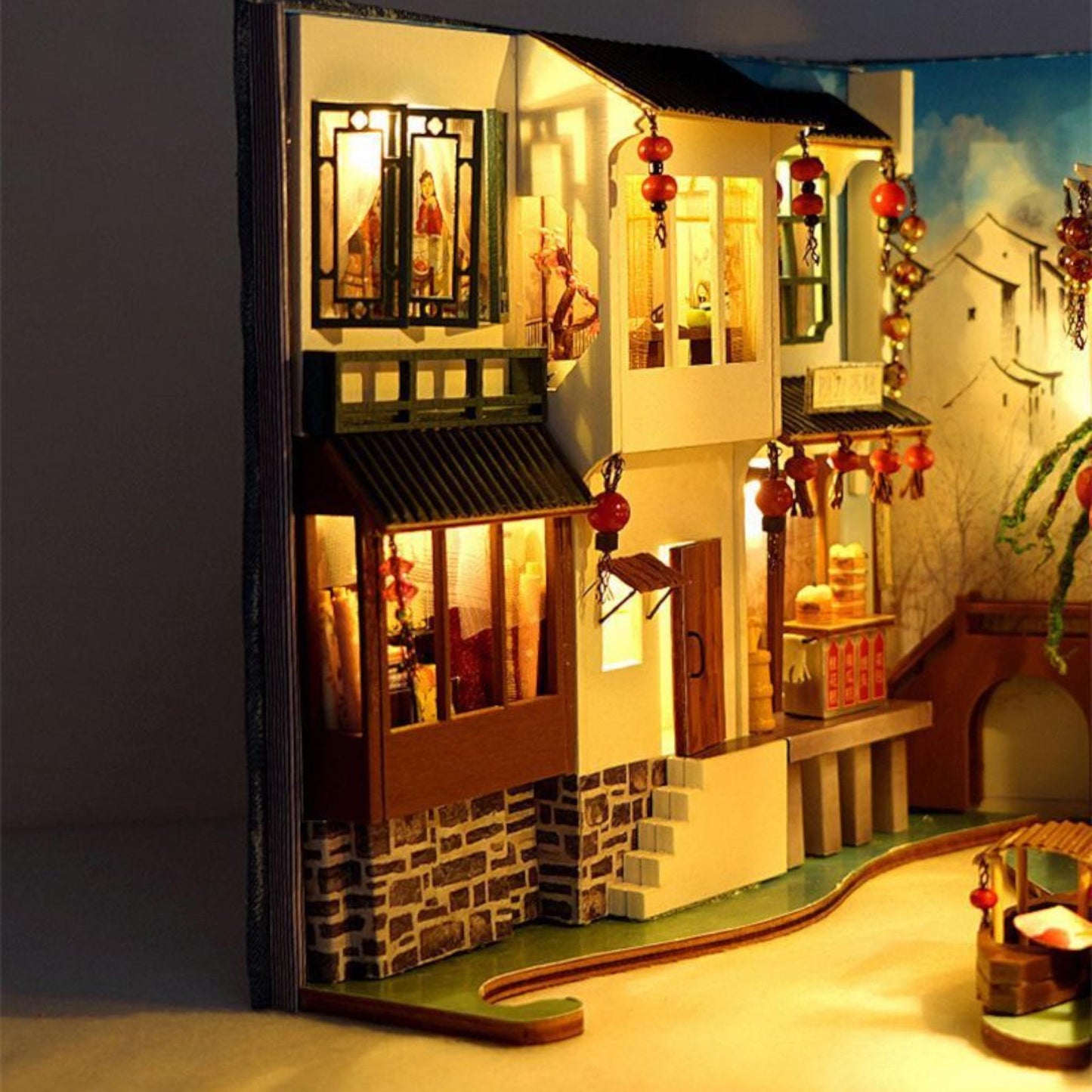 Chinese Style Book Nook Kit | Wooden DIY Bookshelf Insert | Retro Water Eave Miniature Adult Gift | Unique Home Decor | Assembly Required