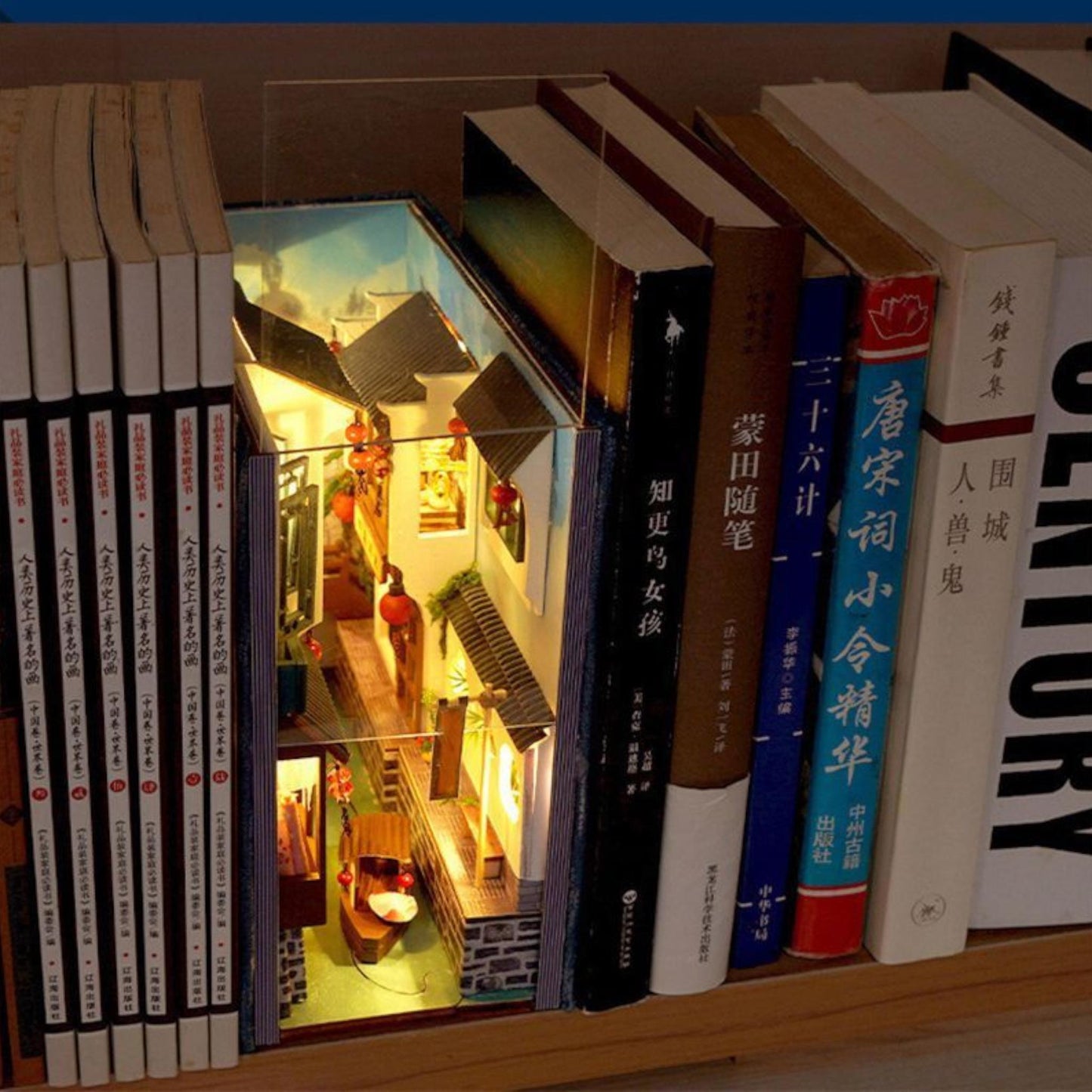 Chinese Style Book Nook Kit | Wooden DIY Bookshelf Insert | Retro Water Eave Miniature Adult Gift | Unique Home Decor | Assembly Required