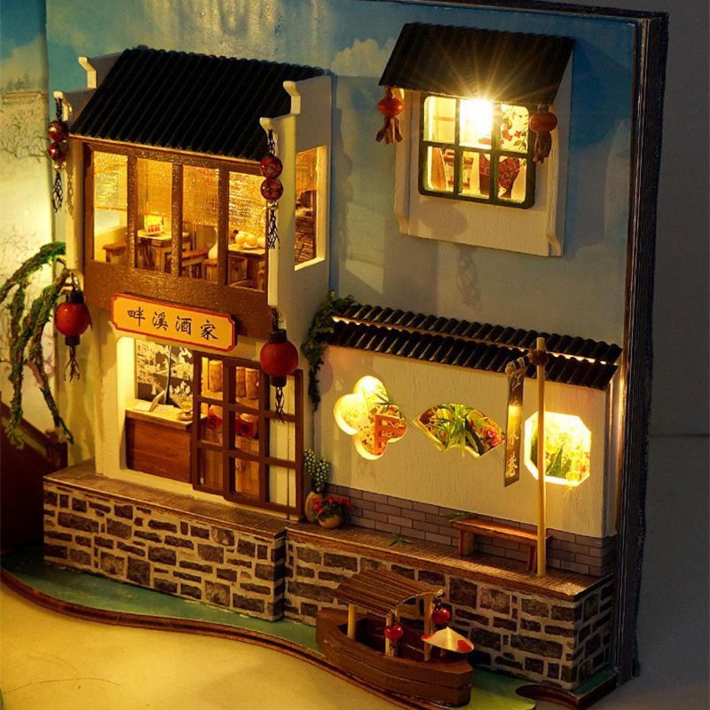 Chinese Style Book Nook Kit | Wooden DIY Bookshelf Insert | Retro Water Eave Miniature Adult Gift | Unique Home Decor | Assembly Required