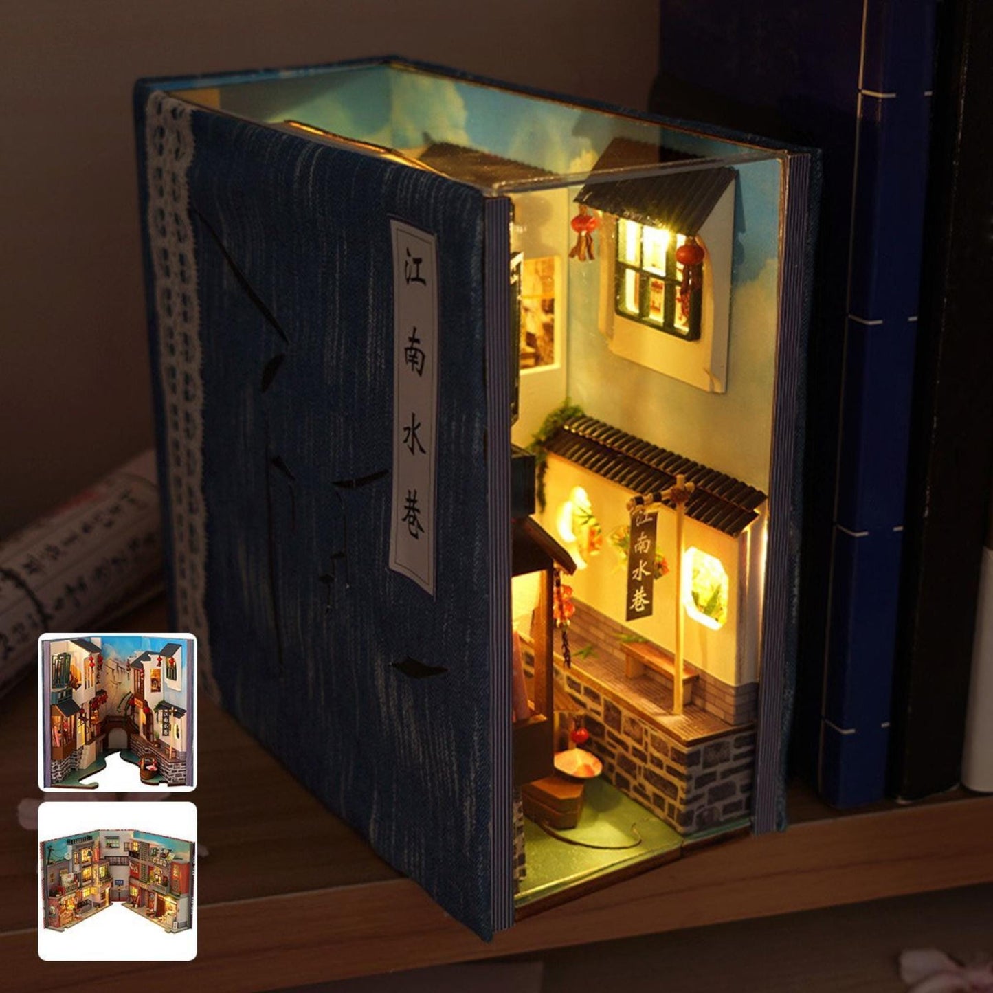 Chinese Style Book Nook Kit | Wooden DIY Bookshelf Insert | Retro Water Eave Miniature Adult Gift | Unique Home Decor | Assembly Required