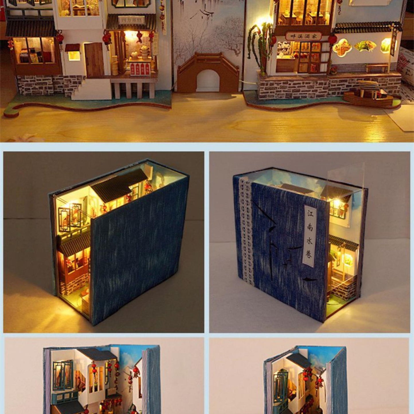 Chinese Style Book Nook Kit | Wooden DIY Bookshelf Insert | Retro Water Eave Miniature Adult Gift | Unique Home Decor | Assembly Required