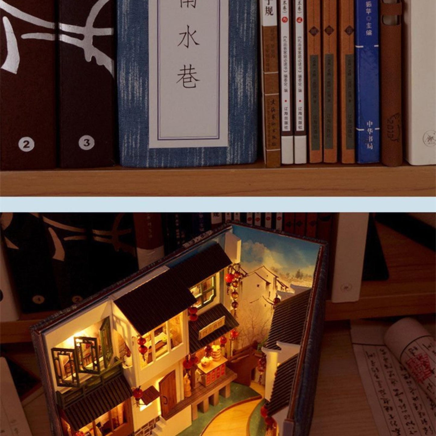 Chinese Style Book Nook Kit | Wooden DIY Bookshelf Insert | Retro Water Eave Miniature Adult Gift | Unique Home Decor | Assembly Required