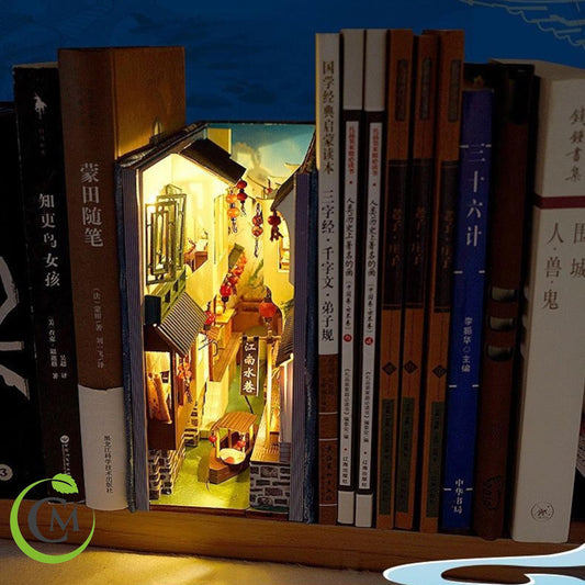Chinese Style Book Nook Kit | Wooden DIY Bookshelf Insert | Retro Water Eave Miniature Adult Gift | Unique Home Decor | Assembly Required