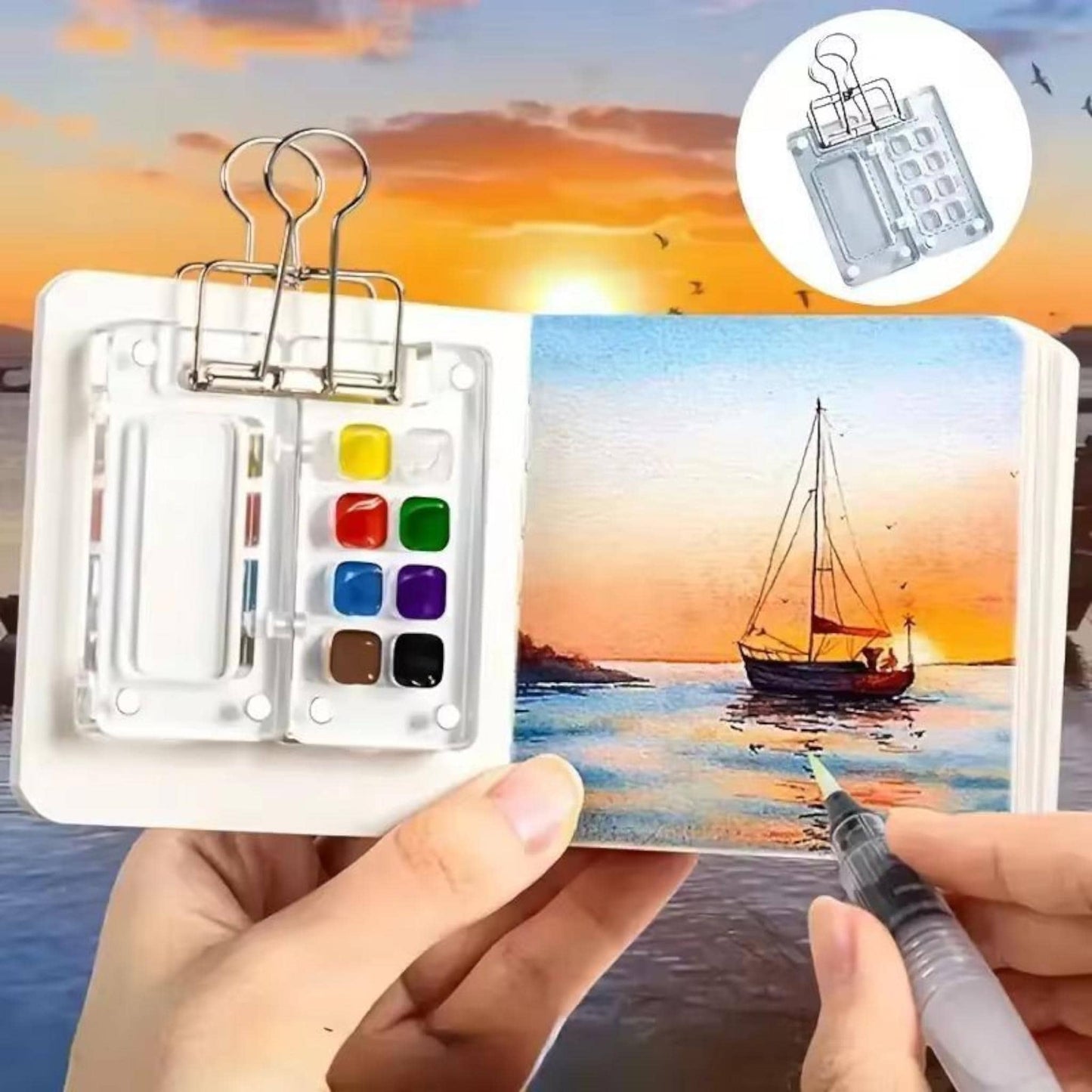 Travel Watercolour Set – 8 or 15 Grid Pocket Paint Kit with Sketchbook & Brush