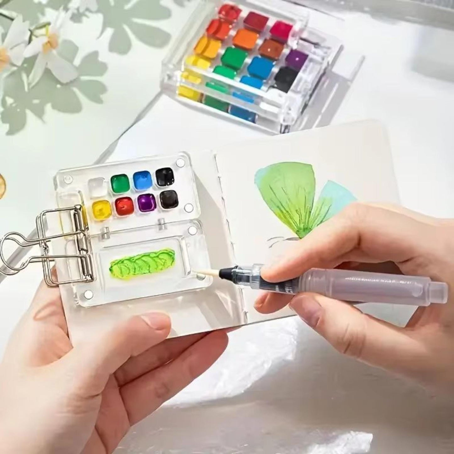 Travel Watercolour Set – 8 or 15 Grid Pocket Paint Kit with Sketchbook & Brush