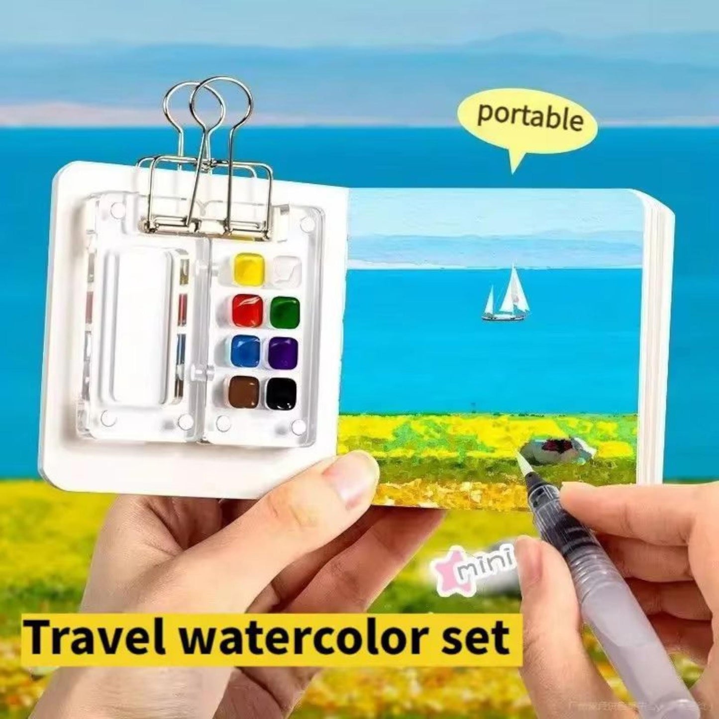 Travel Watercolour Set – 8 or 15 Grid Pocket Paint Kit with Sketchbook & Brush