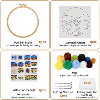 Wool felting painting kit contents with round hoop, felt cloth, wool, four needles and foam pad.