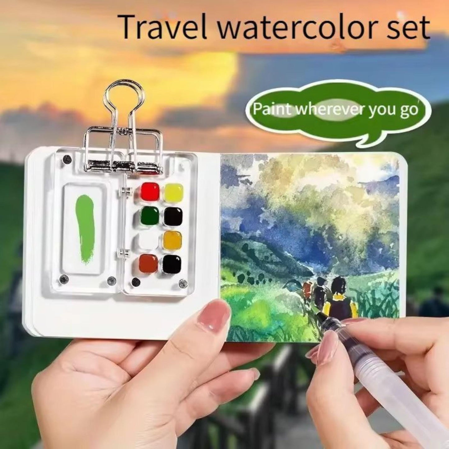 Travel Watercolour Set – 8 or 15 Grid Pocket Paint Kit with Sketchbook & Brush