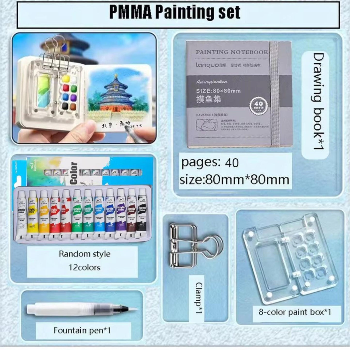 Travel Watercolour Set – 8 or 15 Grid Pocket Paint Kit with Sketchbook & Brush
