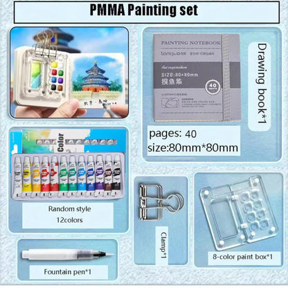 Eight-colour pocket watercolour kit contents including paint tubes, brush, notebook, clip and clear palette.