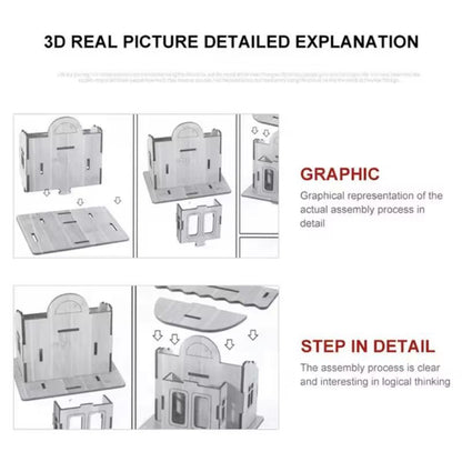 Wooden cottage assembly instruction graphic showing steps to fit laser-cut pieces.