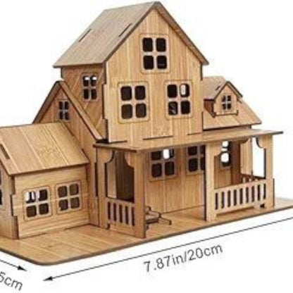 Bamboo wooden cottage 3D puzzle size diagram showing front porch and roof.