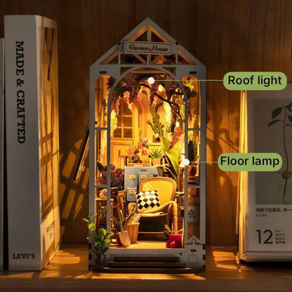 Garden House book nook lighting graphic highlighting roof light and floor lamp.