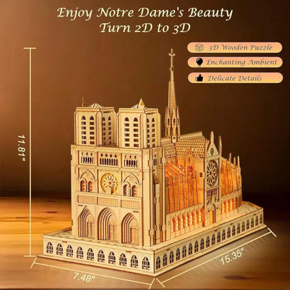 Notre Dame wooden building kit dimensions graphic showing the cathedral model and twin towers against a brown background.