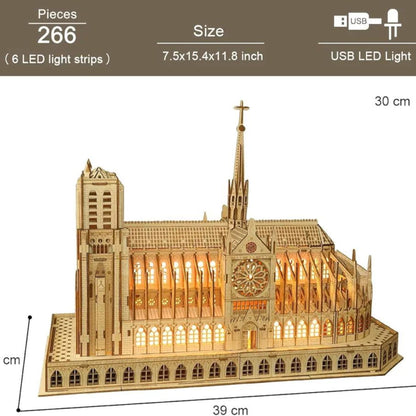 Notre Dame 266-piece LED cathedral puzzle specifications graphic showing USB lighting and model dimensions.