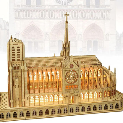 Notre Dame cathedral wooden puzzle showing the illuminated rose window, flying buttresses and central spire.