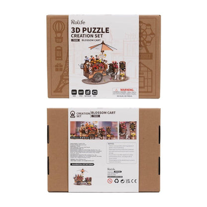 Rolife Blossom Cart 3D wooden puzzle kit box showing completed flower cart model.