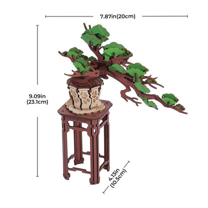 Evergreen pine bonsai wooden puzzle dimensions with a tall pot and stand.