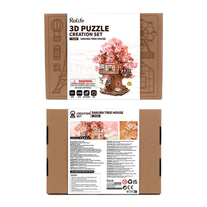 Rolife Sakura Tree House 3D wooden puzzle packaging with picture of finished cherry blossom model.