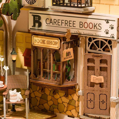Miniature Sunshine Town Carefree Books shop with detailed window, wooden door and pavement.