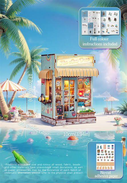 Beach Bar Book Nook Kit | DIY Wooden Bookshelf Insert with Lights, Summer Tropical Miniature 3D Puzzle Craft for Adults