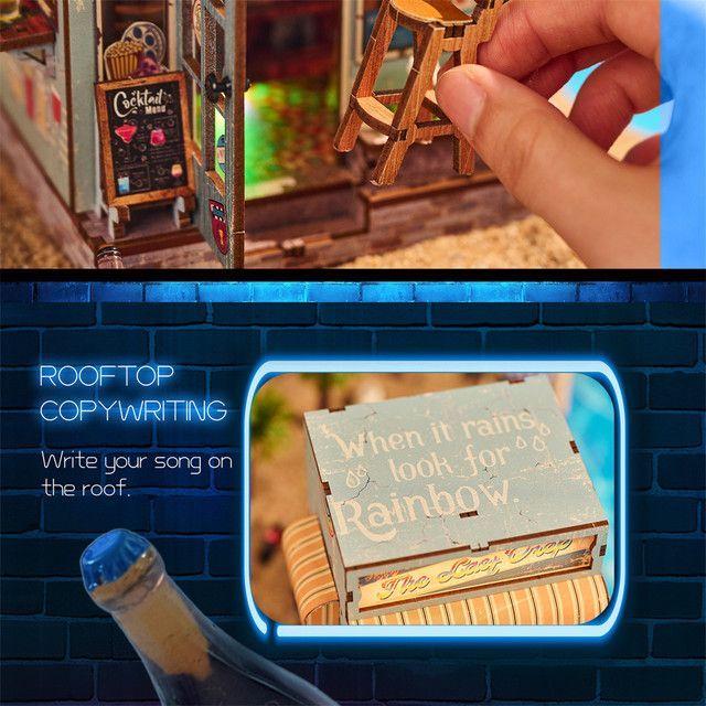 Beach Bar Book Nook Kit | DIY Wooden Bookshelf Insert with Lights, Summer Tropical Miniature 3D Puzzle Craft for Adults