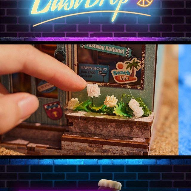 Beach Bar Book Nook Kit | DIY Wooden Bookshelf Insert with Lights, Summer Tropical Miniature 3D Puzzle Craft for Adults