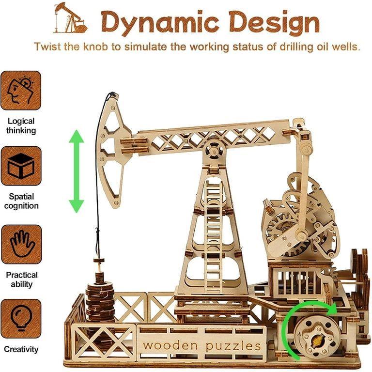 3D Wooden Oil Well Puzzle Kit Mechanical Model DIY Engineering Gift for Adults & Teens