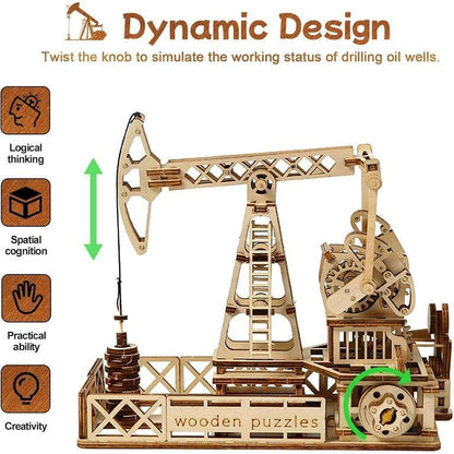 Wooden oil pumpjack model diagram showing the knob that operates the rising and falling pump beam.