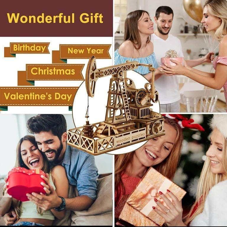 3D Wooden Oil Well Puzzle Kit Mechanical Model DIY Engineering Gift for Adults & Teens