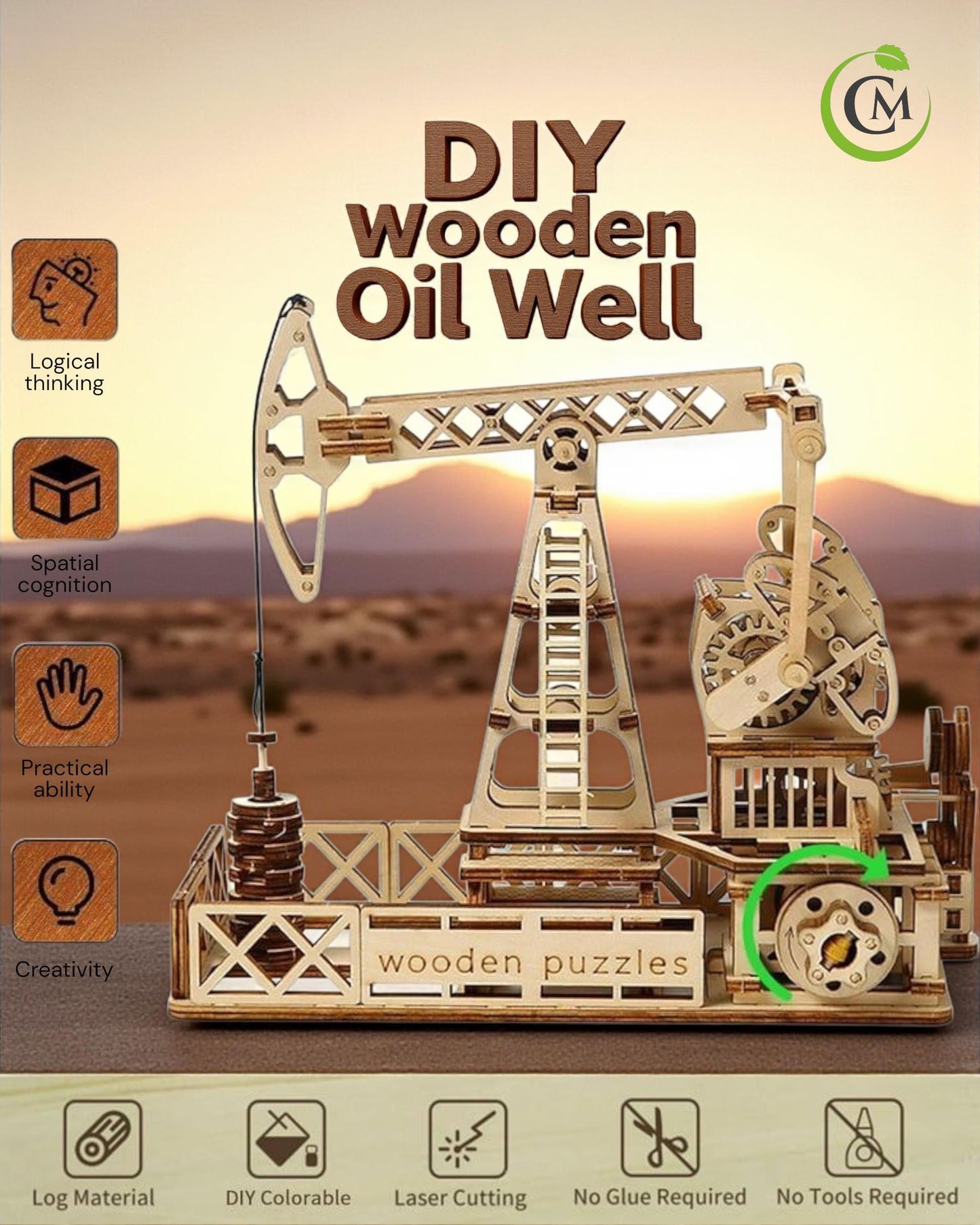 3D Wooden Oil Well Puzzle Kit Mechanical Model DIY Engineering Gift for Adults & Teens