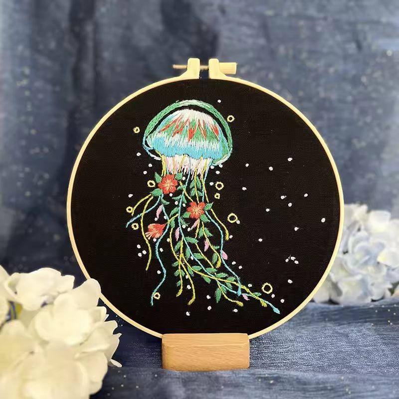 Embroidery Kit Jellyfish Patterns for Beginners | DIY Needlepoint Cross Stitch Starter Set | Handmade Ocean Decor Craft Gift