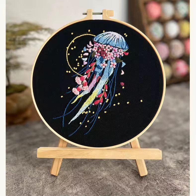 Embroidery Kit Jellyfish Patterns for Beginners | DIY Needlepoint Cross Stitch Starter Set | Handmade Ocean Decor Craft Gift