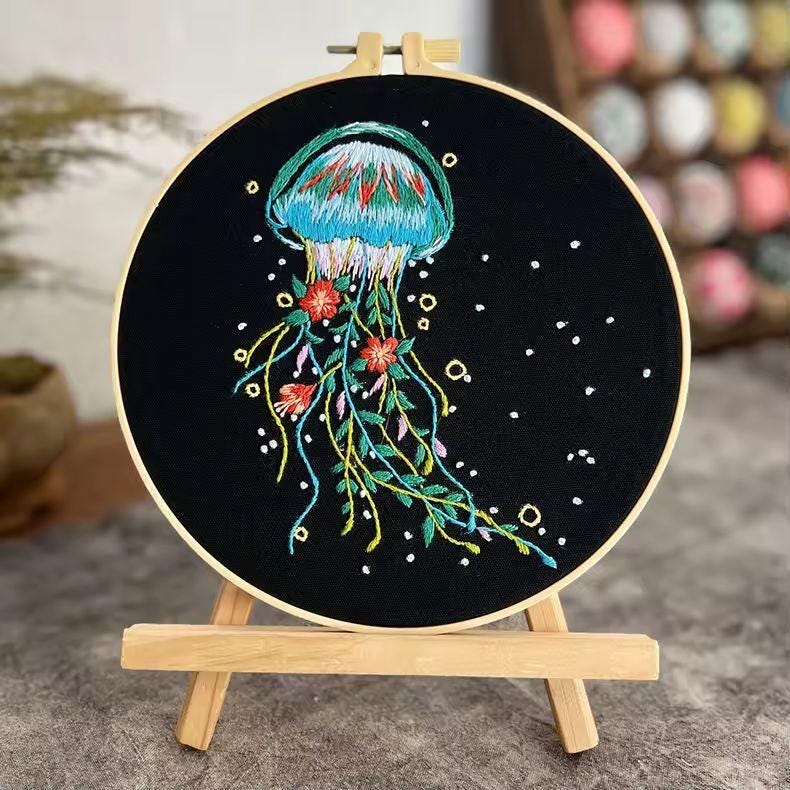 Embroidery Kit Jellyfish Patterns for Beginners | DIY Needlepoint Cross Stitch Starter Set | Handmade Ocean Decor Craft Gift