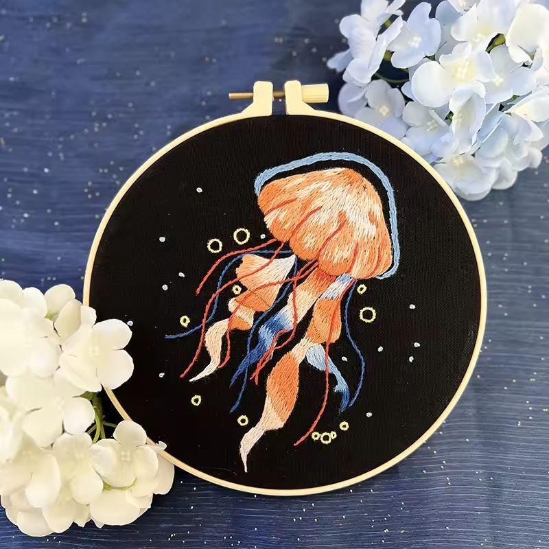 Embroidery Kit Jellyfish Patterns for Beginners | DIY Needlepoint Cross Stitch Starter Set | Handmade Ocean Decor Craft Gift