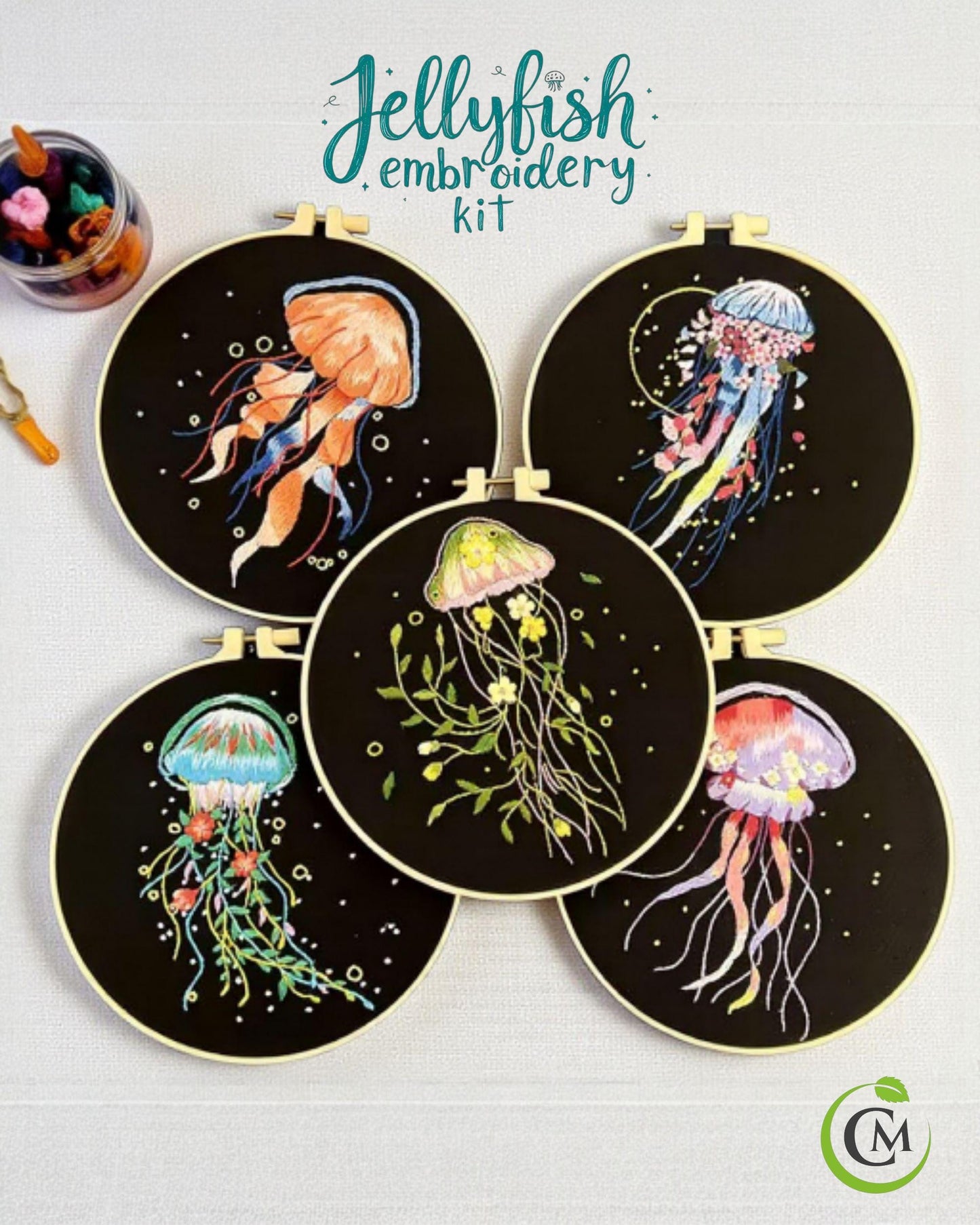 Embroidery Kit Jellyfish Patterns for Beginners | DIY Needlepoint Cross Stitch Starter Set | Handmade Ocean Decor Craft Gift