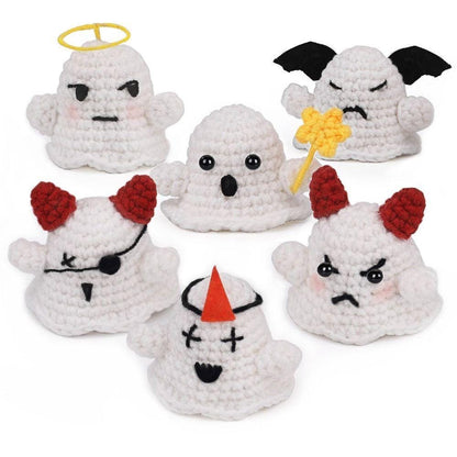 Six amigurumi Halloween ghost characters with bat wings, devil horns, halo and pointed red hat.